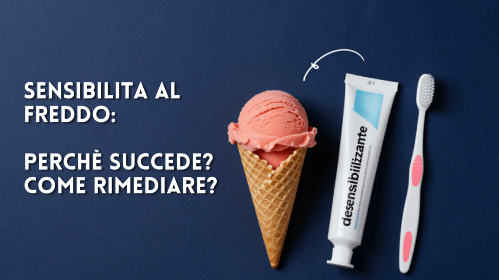Flatlay clinical con gelato rosa, dentifricio desensibilizzante bianco e spazzolino su sfondo navy – rimedi sensibilità dentale al freddo