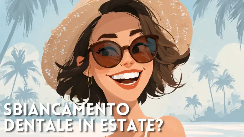 Donna sorridente con denti bianchi in spiaggia durante l'estate. Illustrazione sul tema dello sbiancamento dentale prima dell'estate e del momento migliore per effettuare il trattamento.