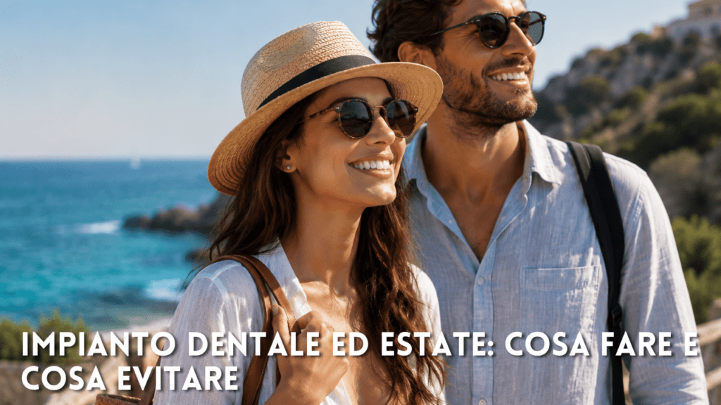 Coppia sorridente in vacanza lungo una costa sul mare in una giornata di sole. I due osservano il panorama con espressione rilassata, indossano abiti estivi e occhiali da sole, con mare turchese e scogliera sullo sfondo. L'immagine comunica serenità, libertà e il piacere di partire per le vacanze dopo un intervento di implantologia.