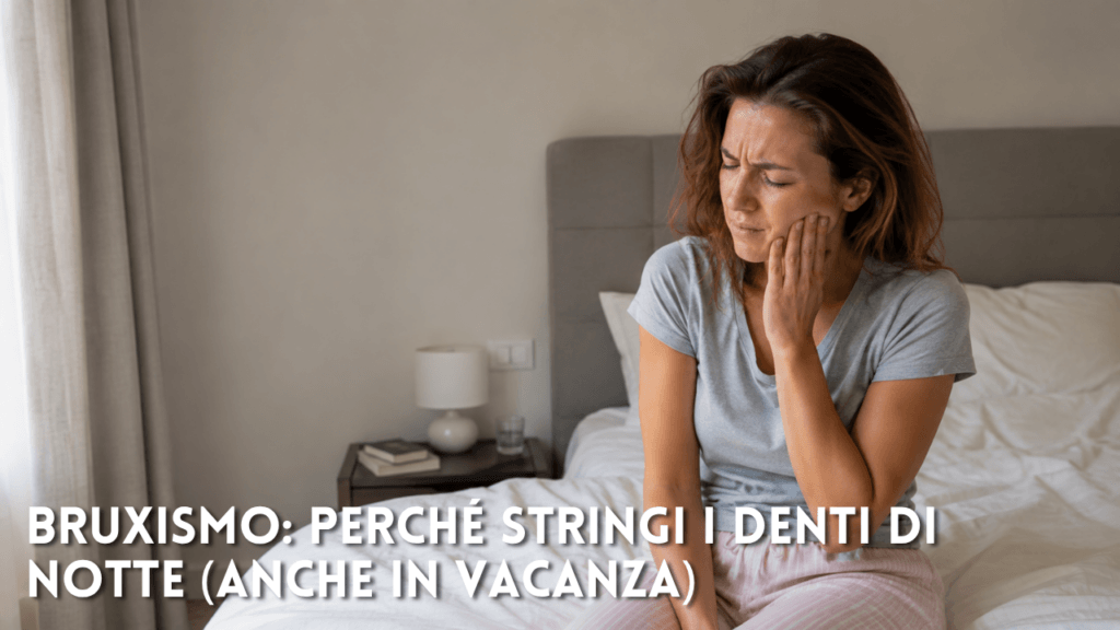 Fotografia realistica di una donna appena sveglia seduta sul bordo del letto, con una mano sulla mandibola e un’espressione di lieve fastidio, a rappresentare uno dei possibili segnali del bruxismo notturno. La scena è ambientata in una camera da letto luminosa e ordinata, con luce naturale mattutina. Sul visual la scritta “Bruxismo: perché stringi i denti di notte (anche in vacanza)”.